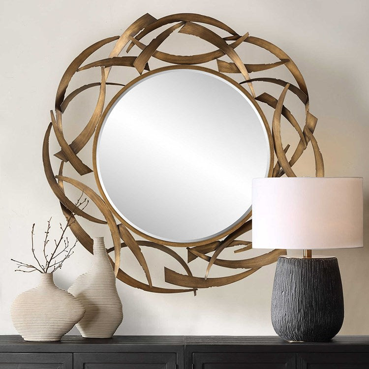 Uttermost Cutting Edge Antiqued Golden Bronze Round Mirror - Image 3