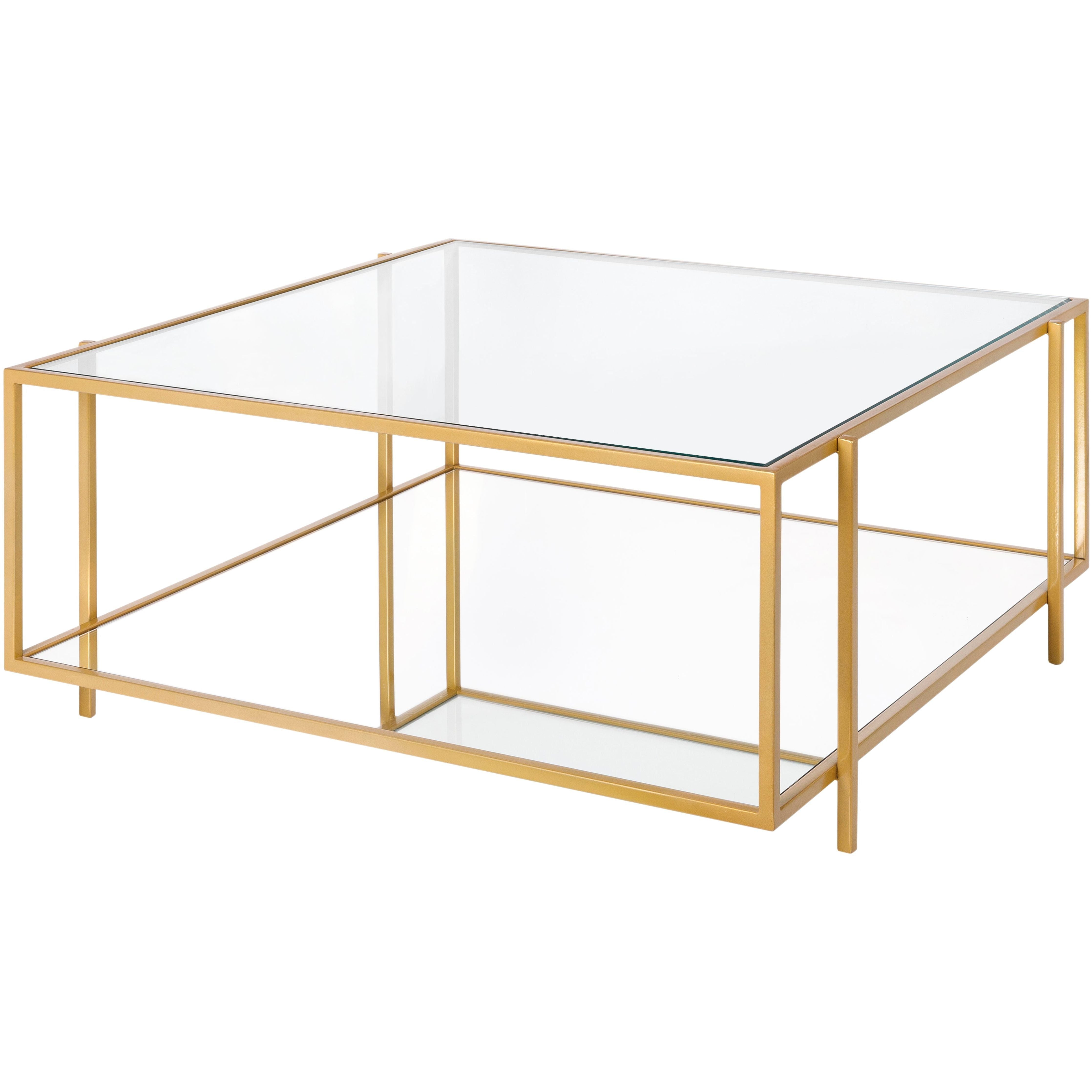 Surya Alecsa Modern Glass Top With Wood & Gold Metal Mirrored Base Square Coffee Table EAA-011 - Image 1