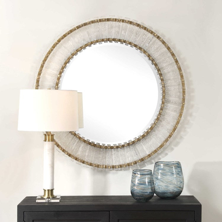 Uttermost Denali Textured Glass and Brushed Gold Iron Round Mirror - Image 1