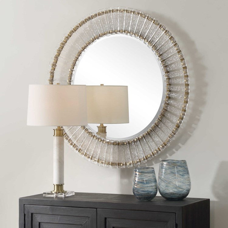 Uttermost Denali Textured Glass and Brushed Gold Iron Round Mirror - Image 3