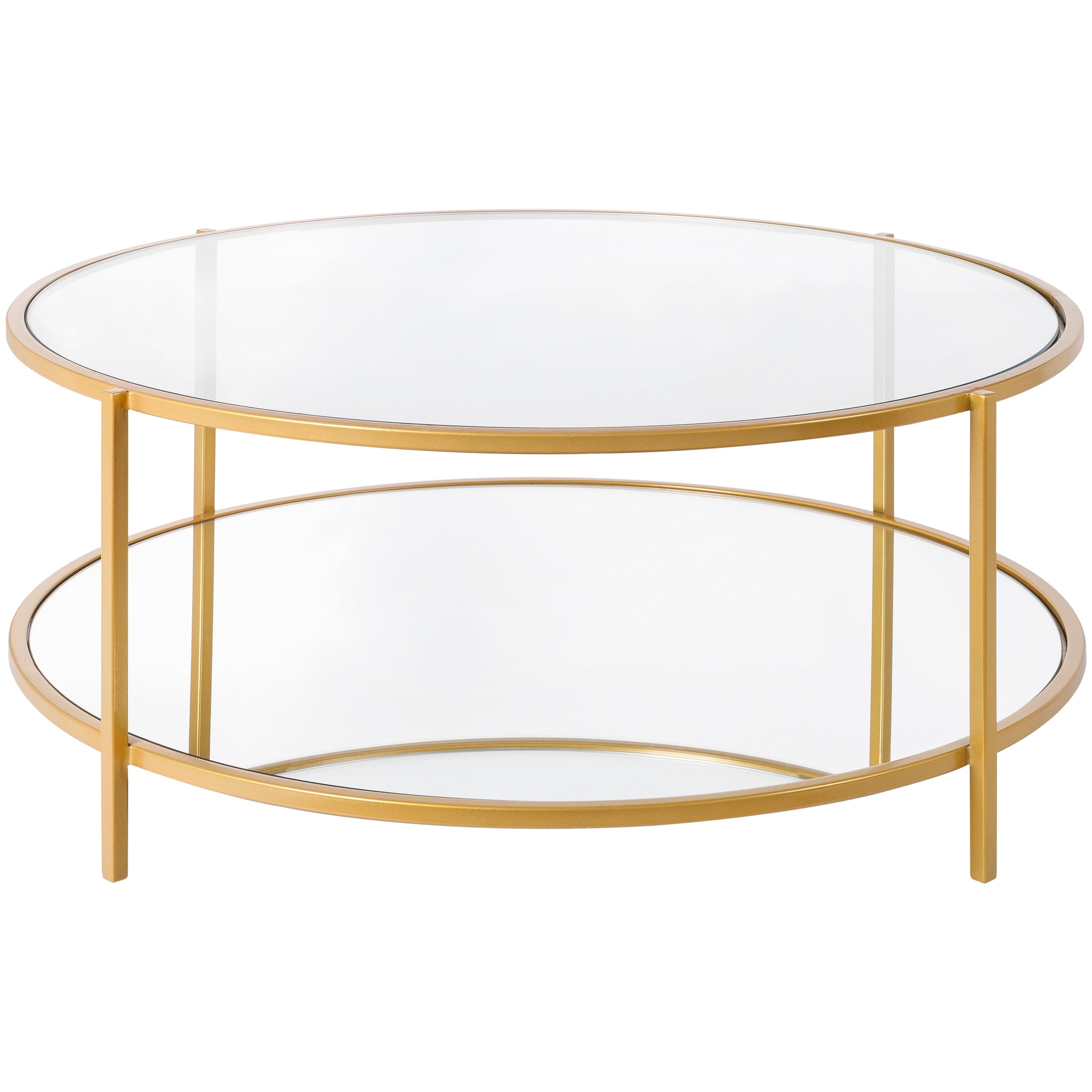 Surya Alecsa Modern Glass Top With Wood & Gold Metal Mirrored Base Round Coffee Table EAA-014 - Image 1