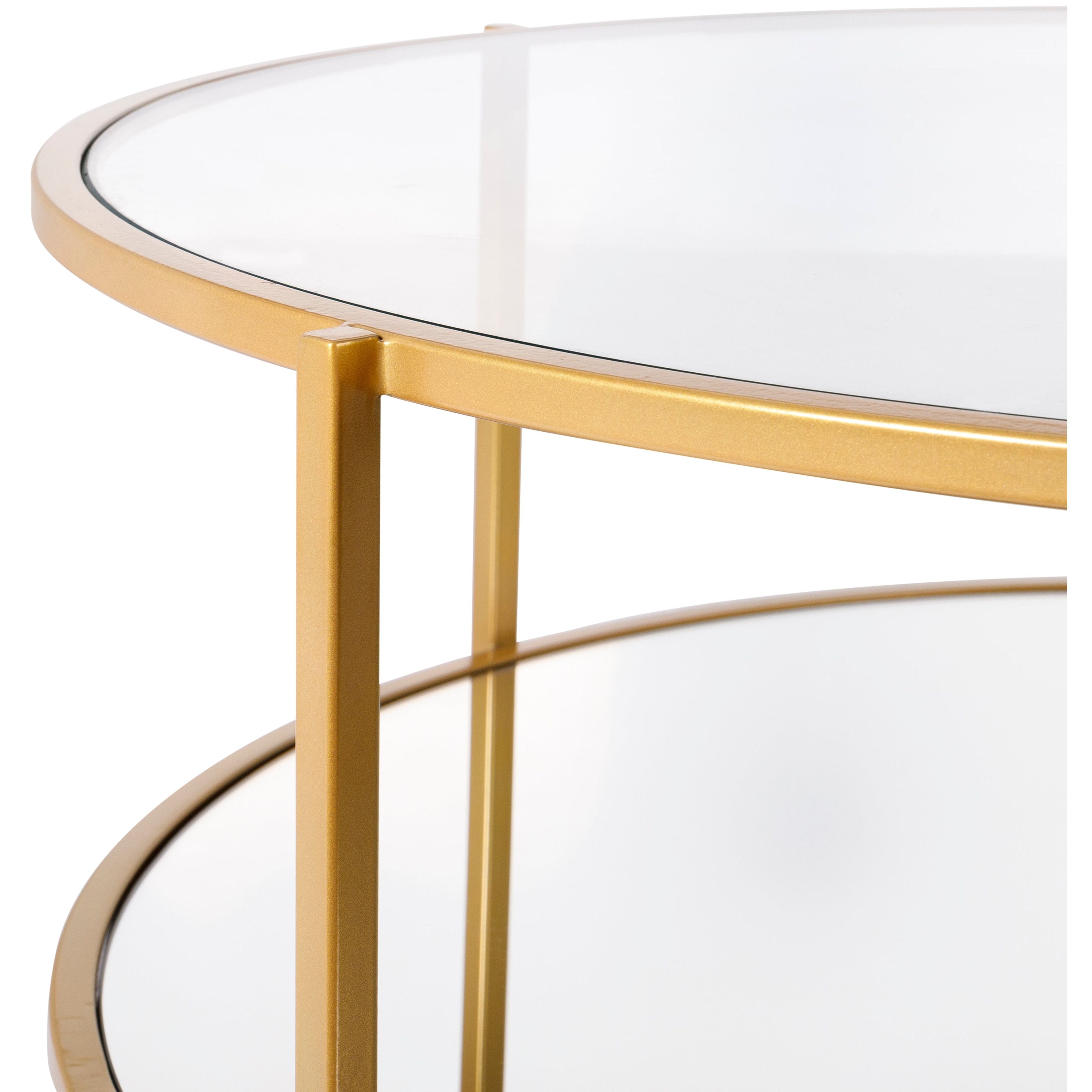 Surya Alecsa Modern Glass Top With Wood & Gold Metal Mirrored Base Round Coffee Table EAA-014 - Image 3
