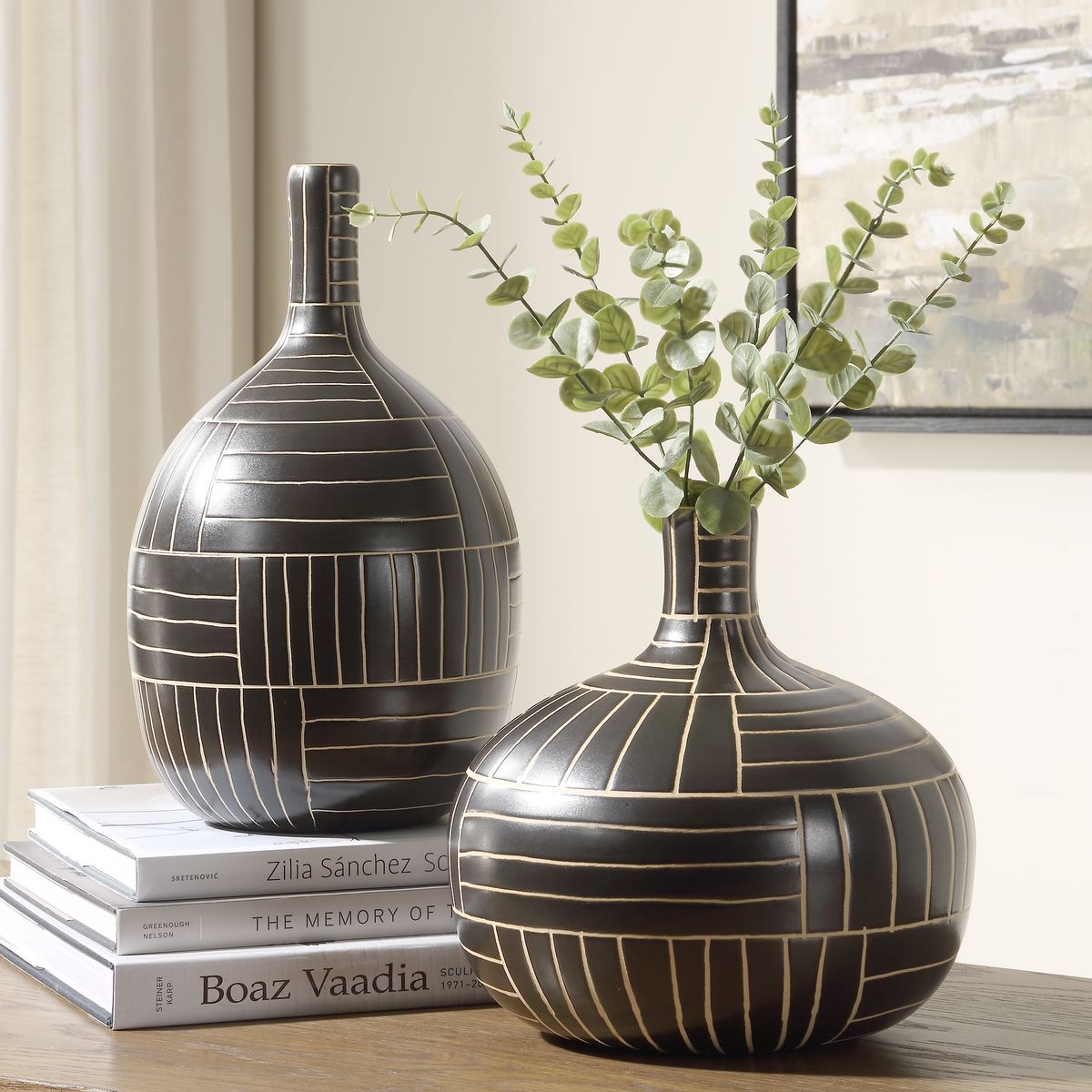Uttermost Graphite Stride Black Ceramic Vases ~ Set Of 2 - Image 1