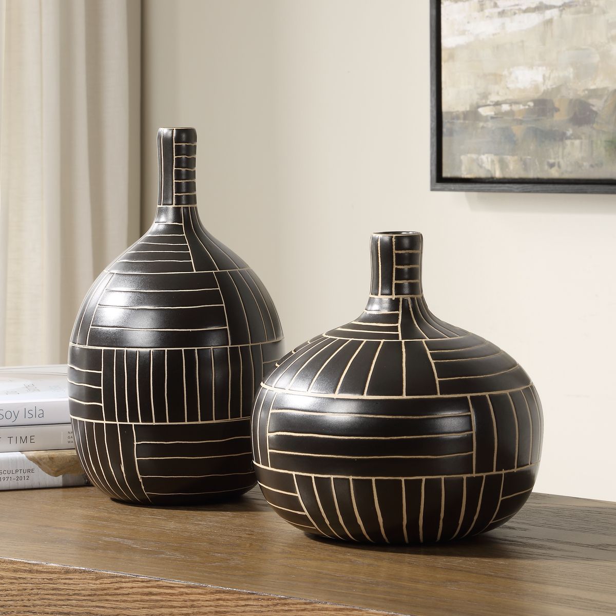 Uttermost Graphite Stride Black Ceramic Vases ~ Set Of 2 - Image 2