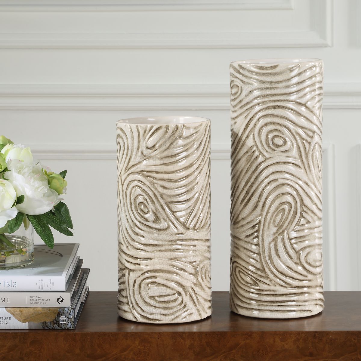 Uttermost Timber Swirl Ceramic Earth Toned Vases ~ Set Of 2 - Image 1