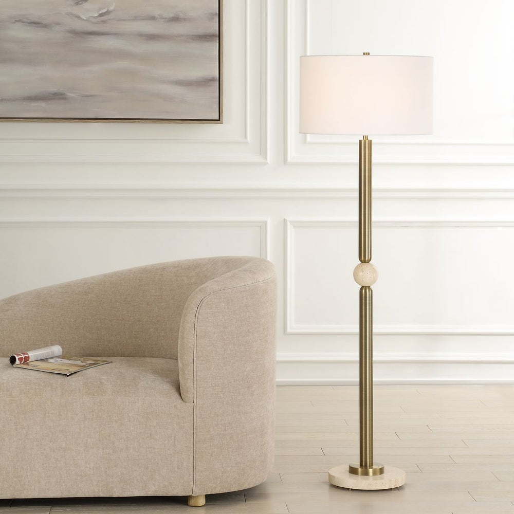 Uttermost Hudson Gold and Travertine Floor Lamp With White Linen Shade - Image 1