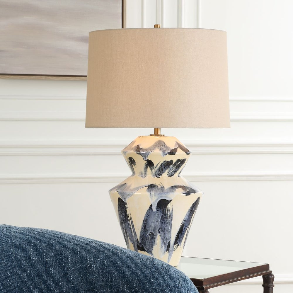 Uttermost Oranda Blue Abstract Pattern Table Lamp With Off-White Linen Shade - Image 1