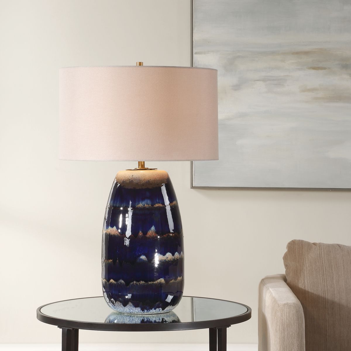 Uttermost Orleans Blue Drip Glazed Table Lamp With White Linen Shade - Image 1