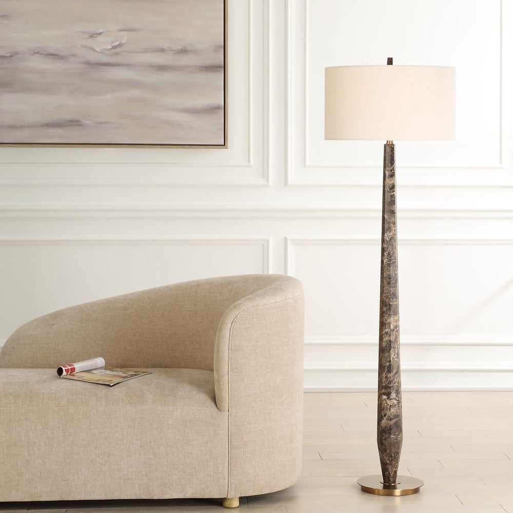 Uttermost Tyree Brown Marble Floor Lamp With Off White Linen Shade - Image 1