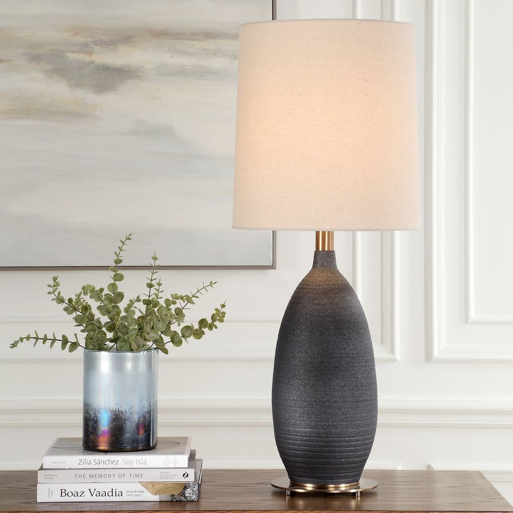 Uttermost Bower Modern Matte Black Glazed Base Table Lamp With White Shade - Image 1