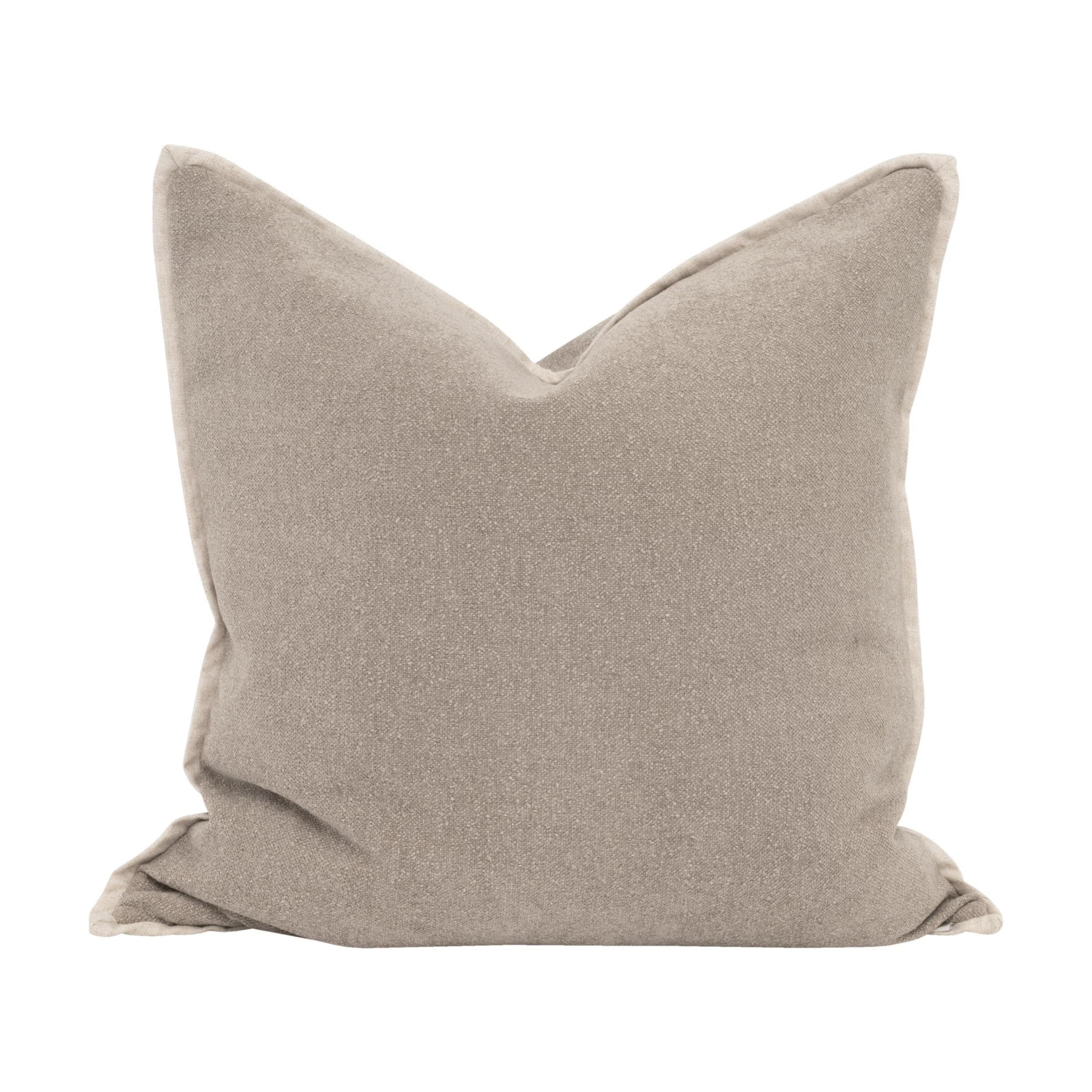 Essentials For Living The Not So Basic 22” Pillow ~ Performance Latte Micro Boucle, Jute Flat Piping - Image 1