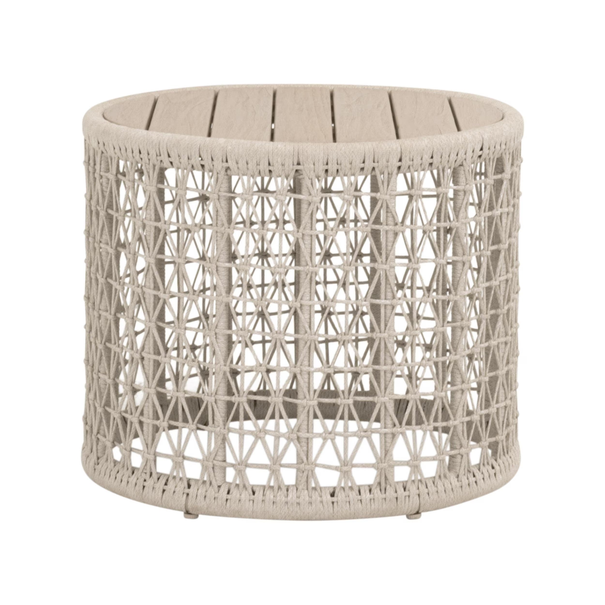 Essentials For Living Knit Outdoor Round End Table ~ Oat Flat Rope, Washed Ever Teak - Image 1