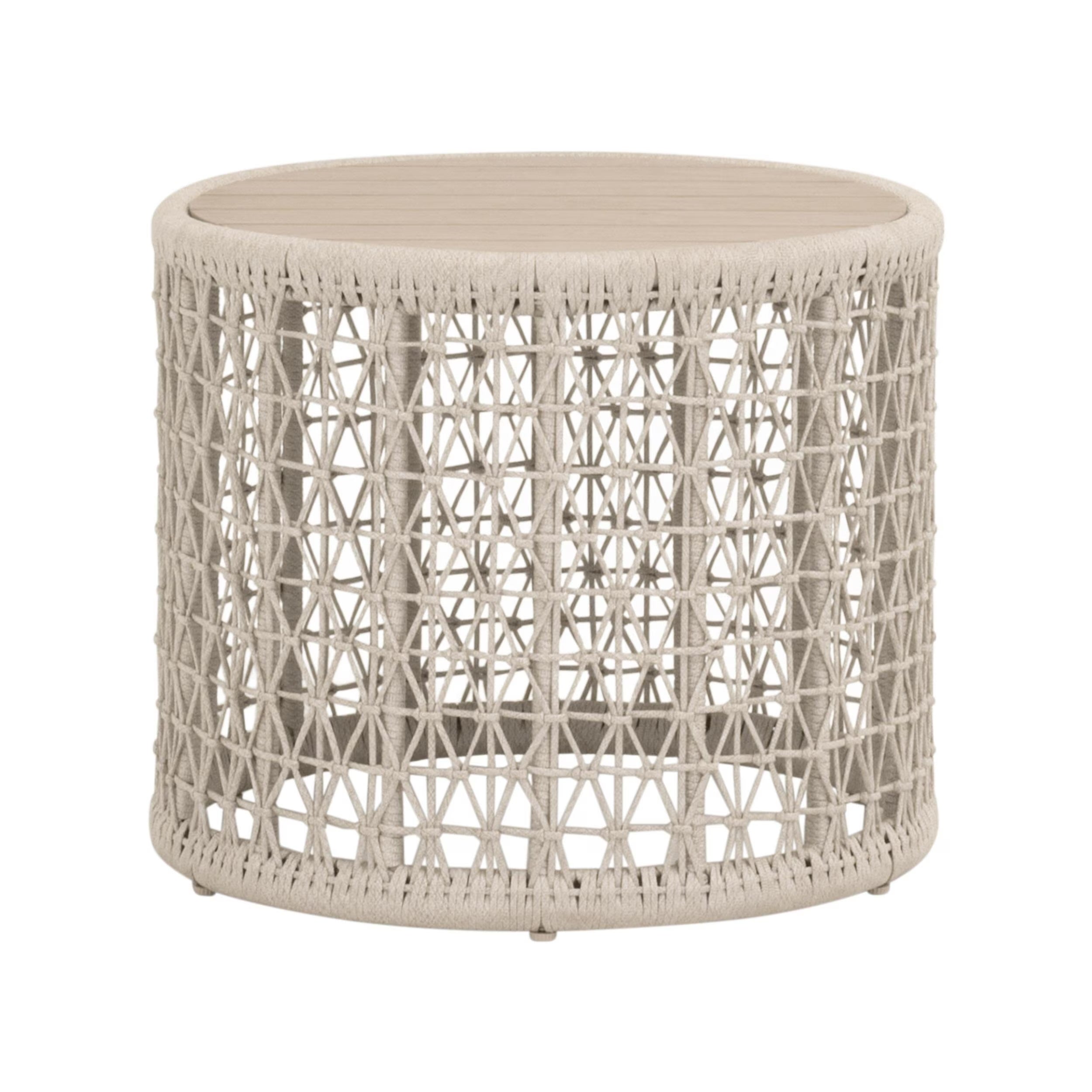 Essentials For Living Knit Outdoor Round End Table ~ Oat Flat Rope, Washed Ever Teak - Image 2