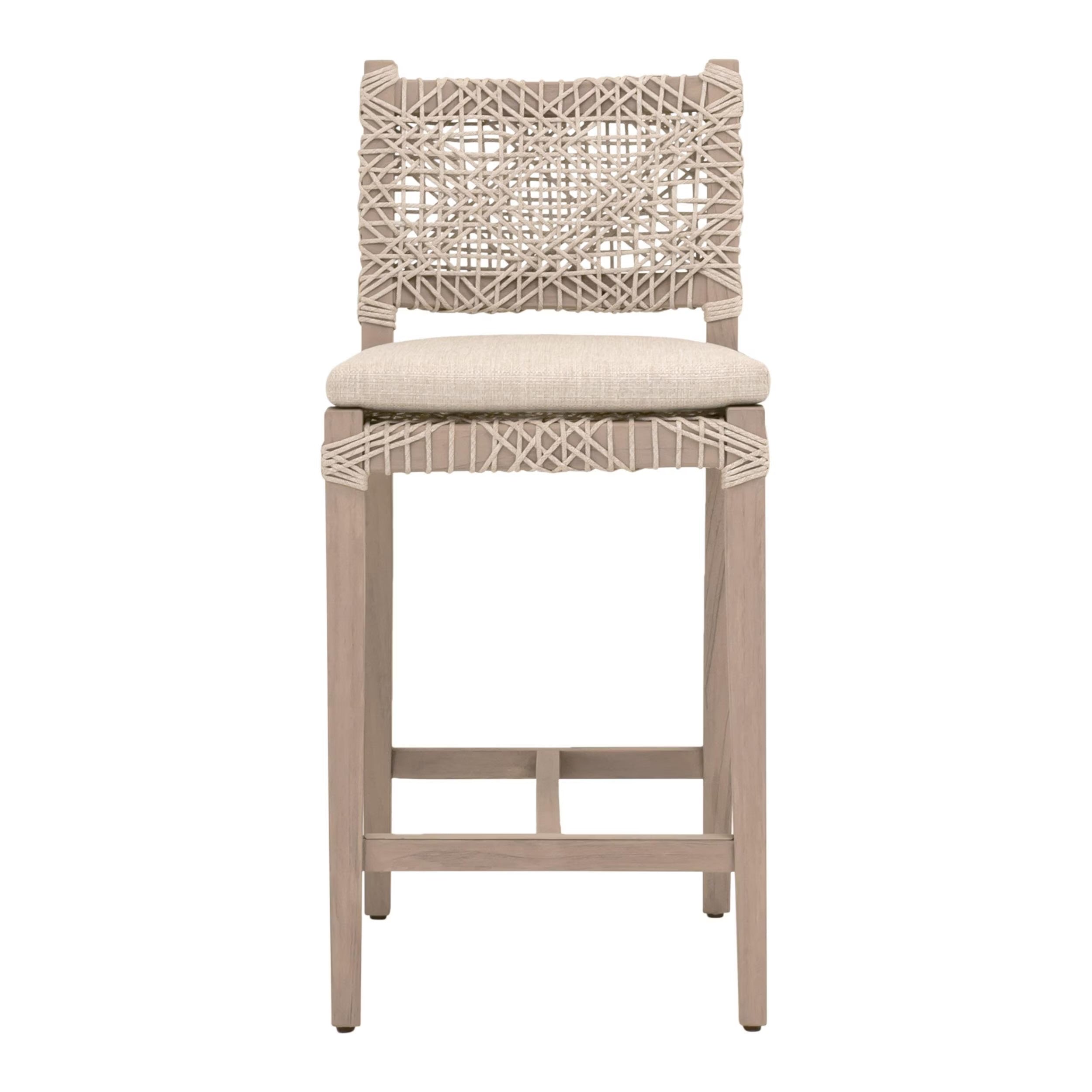 Essentials For Living Costa Outdoor Counter Stool ~ Oat Flat Rope, Performance Ecru Weave, Washed Ever Teak - Image 1