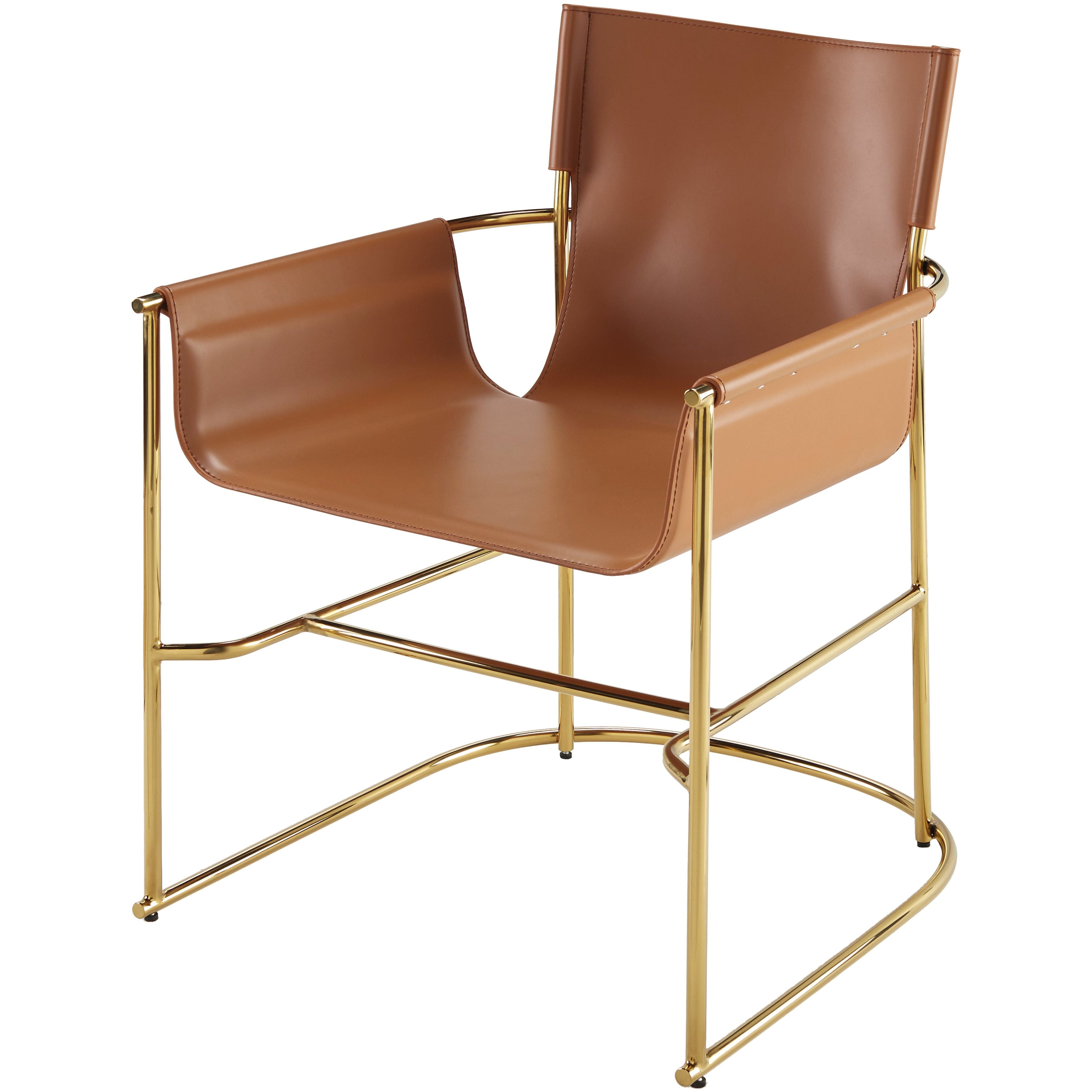 Surya Kara Modern Cognac Faux Leather with Brass Steel Dining Armchair - Image 1