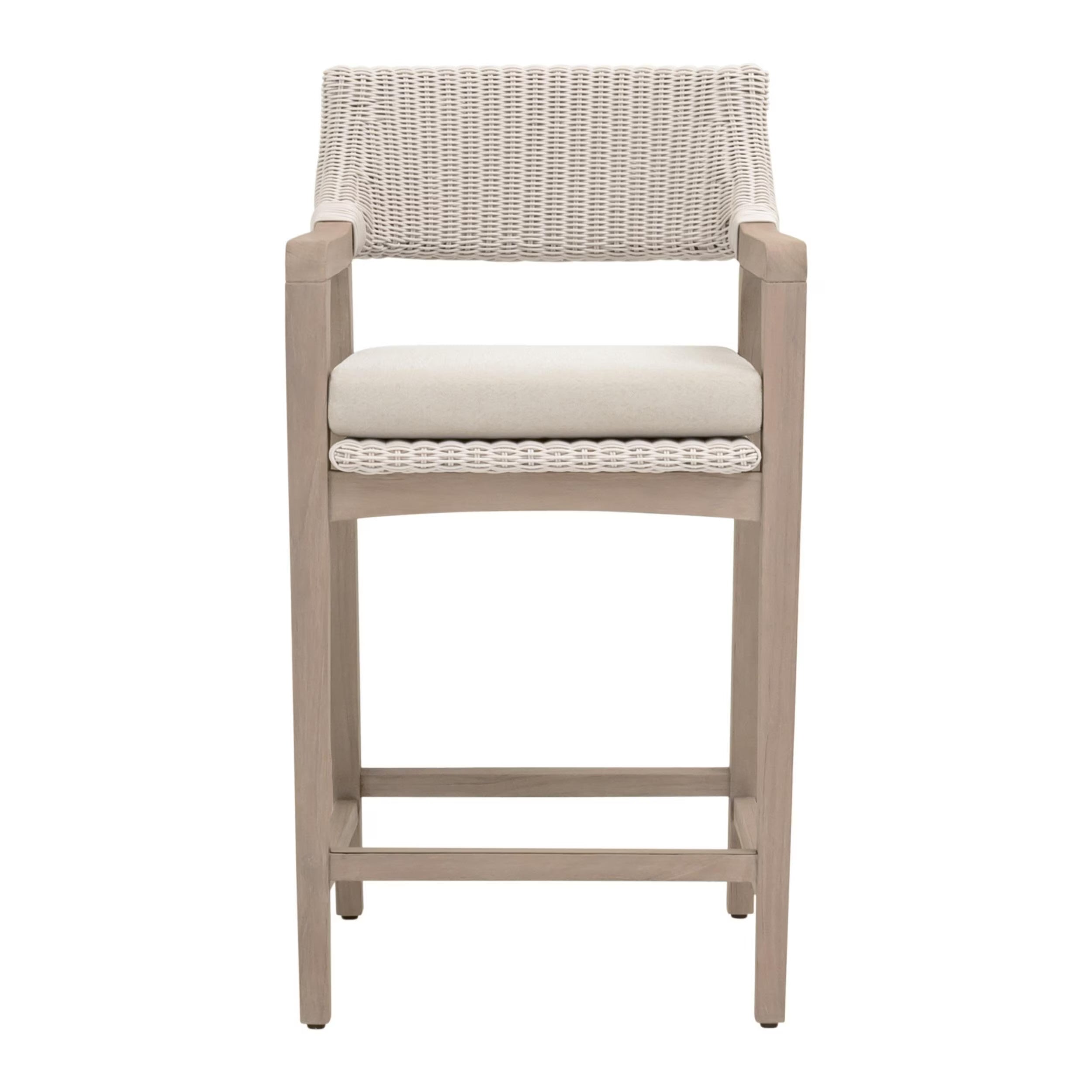 Essentials For Living Lucia Outdoor Counter Stool ~ Pure White Synthetic Wicker, Performance Stone, Washed Ever Teak - Image 1