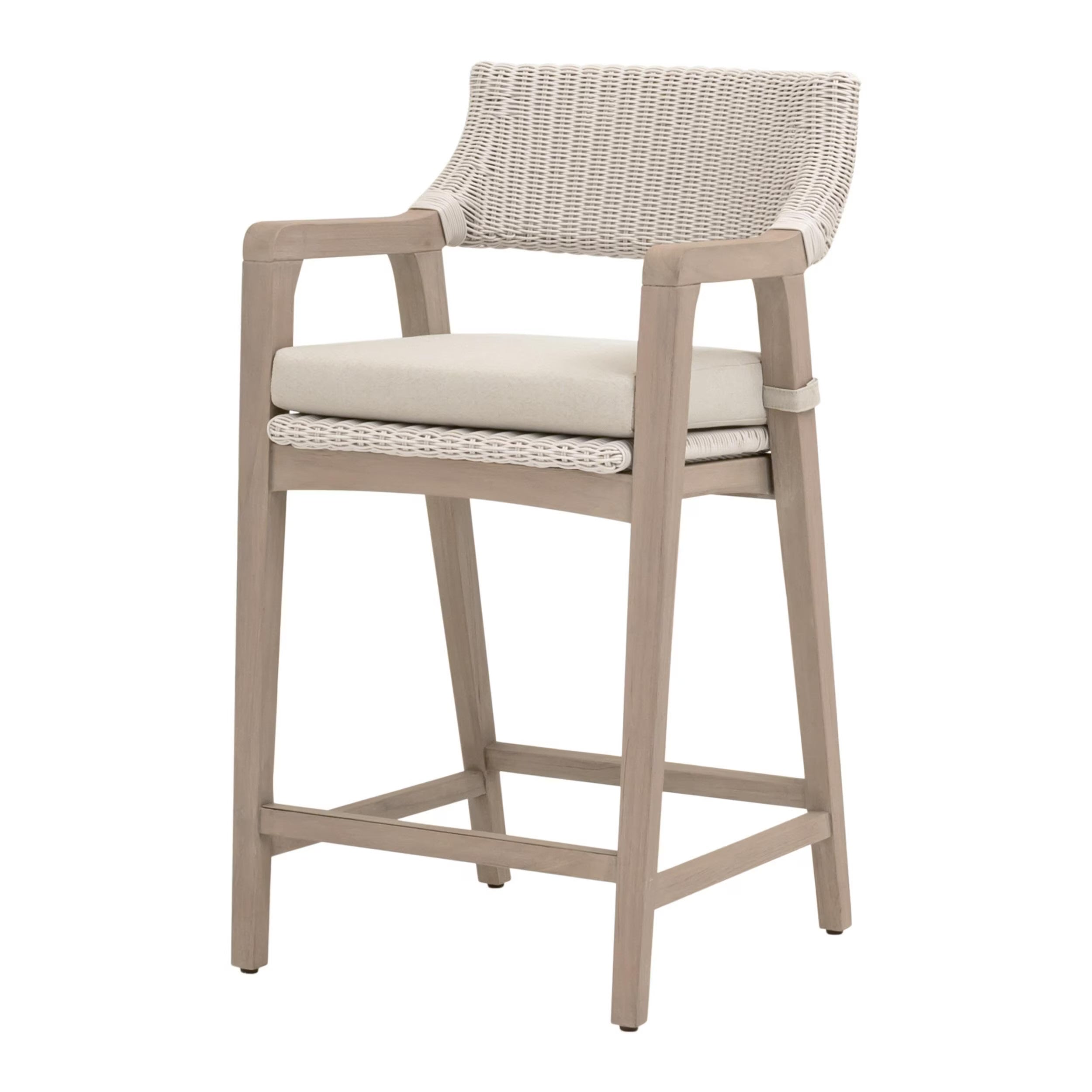 Essentials For Living Lucia Outdoor Counter Stool ~ Pure White Synthetic Wicker, Performance Stone, Washed Ever Teak - Image 2