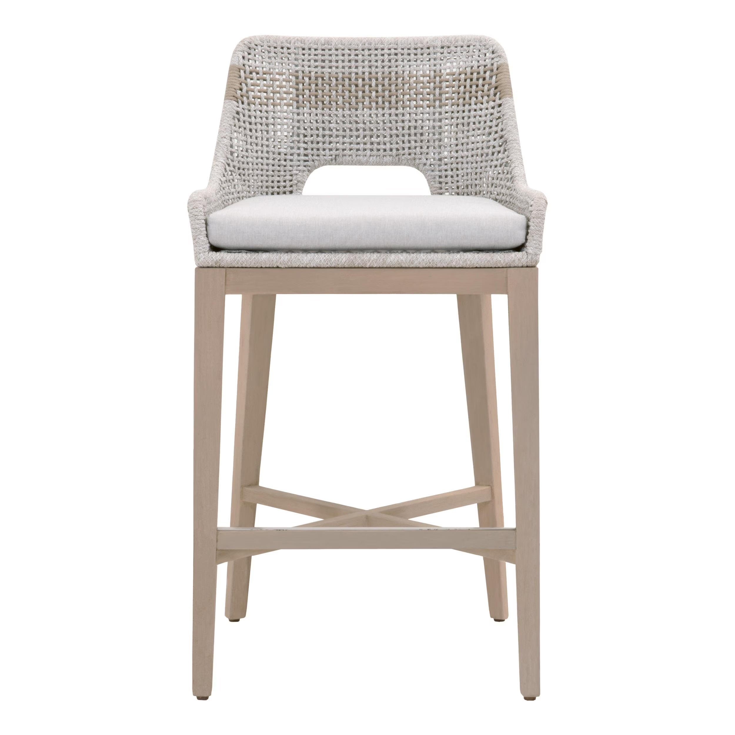 Essentials For Living Tapestry Outdoor Barstool ~ Taupe & White Flat Rope, Taupe Stripe, Performance Pumice, Washed Ever Teak - Image 1