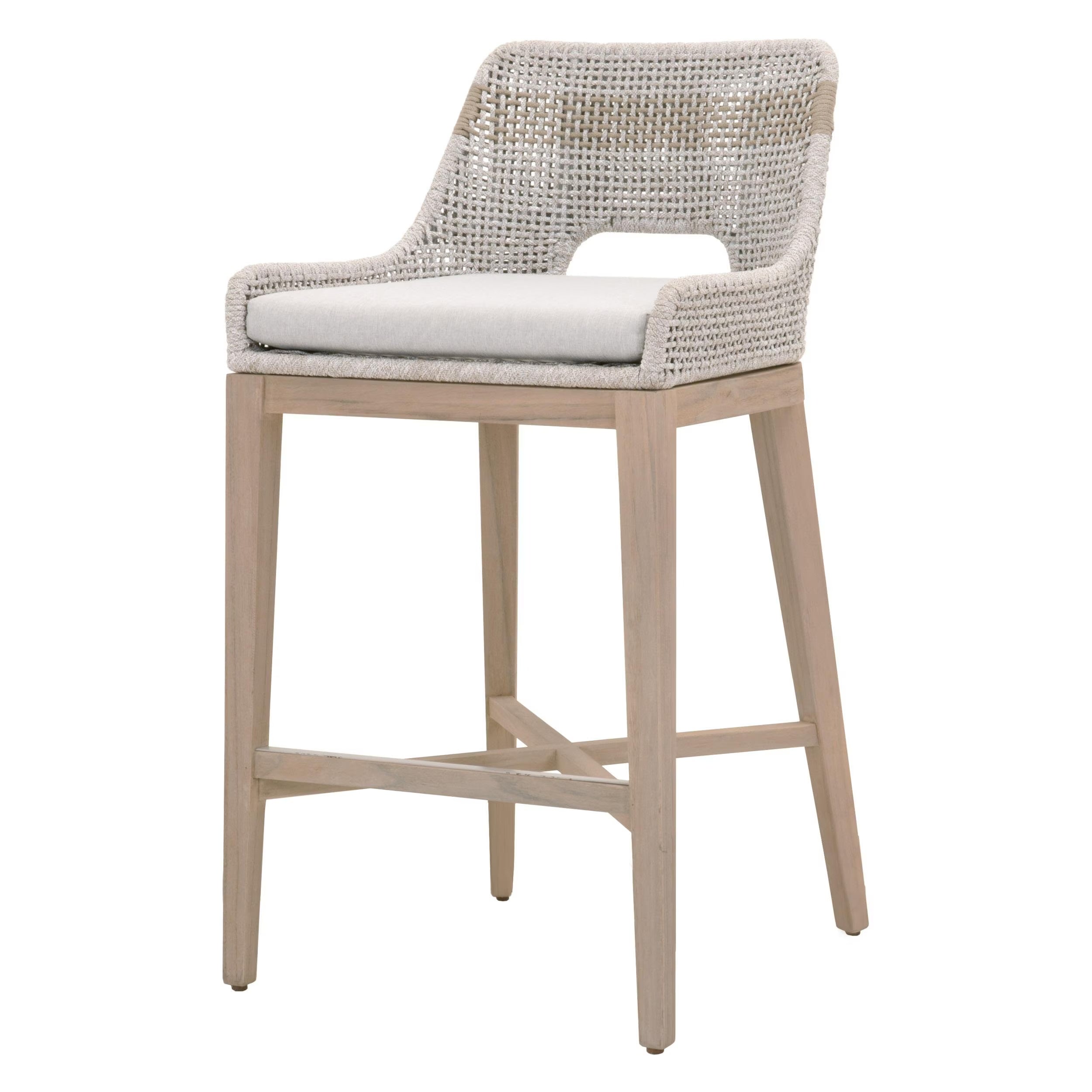 Essentials For Living Tapestry Outdoor Barstool ~ Taupe & White Flat Rope, Taupe Stripe, Performance Pumice, Washed Ever Teak - Image 2