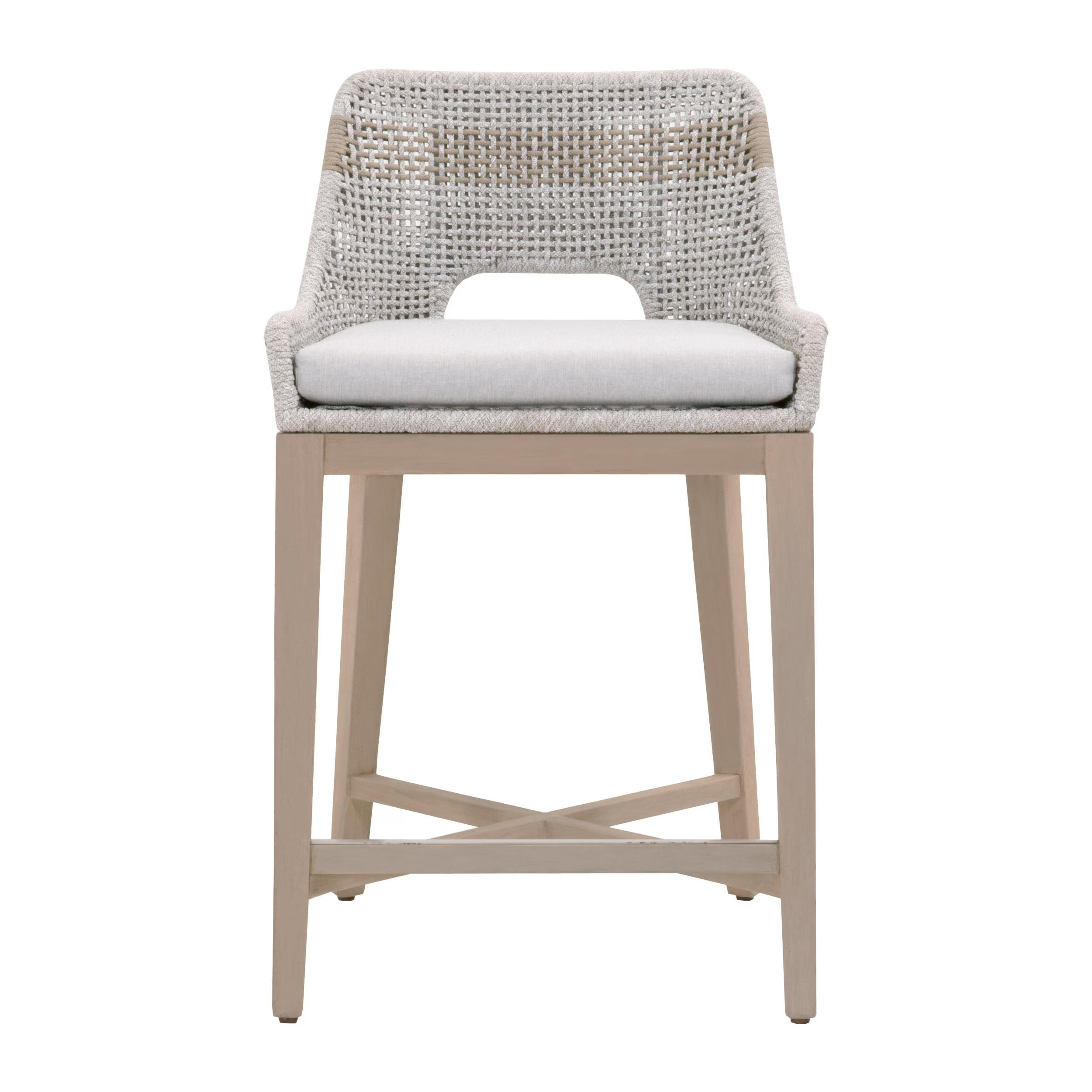Essentials For Living Tapestry Outdoor Counter Stool ~ Taupe & White Flat Rope, Taupe Stripe, Performance Pumice, Washed Ever Teak - Image 1