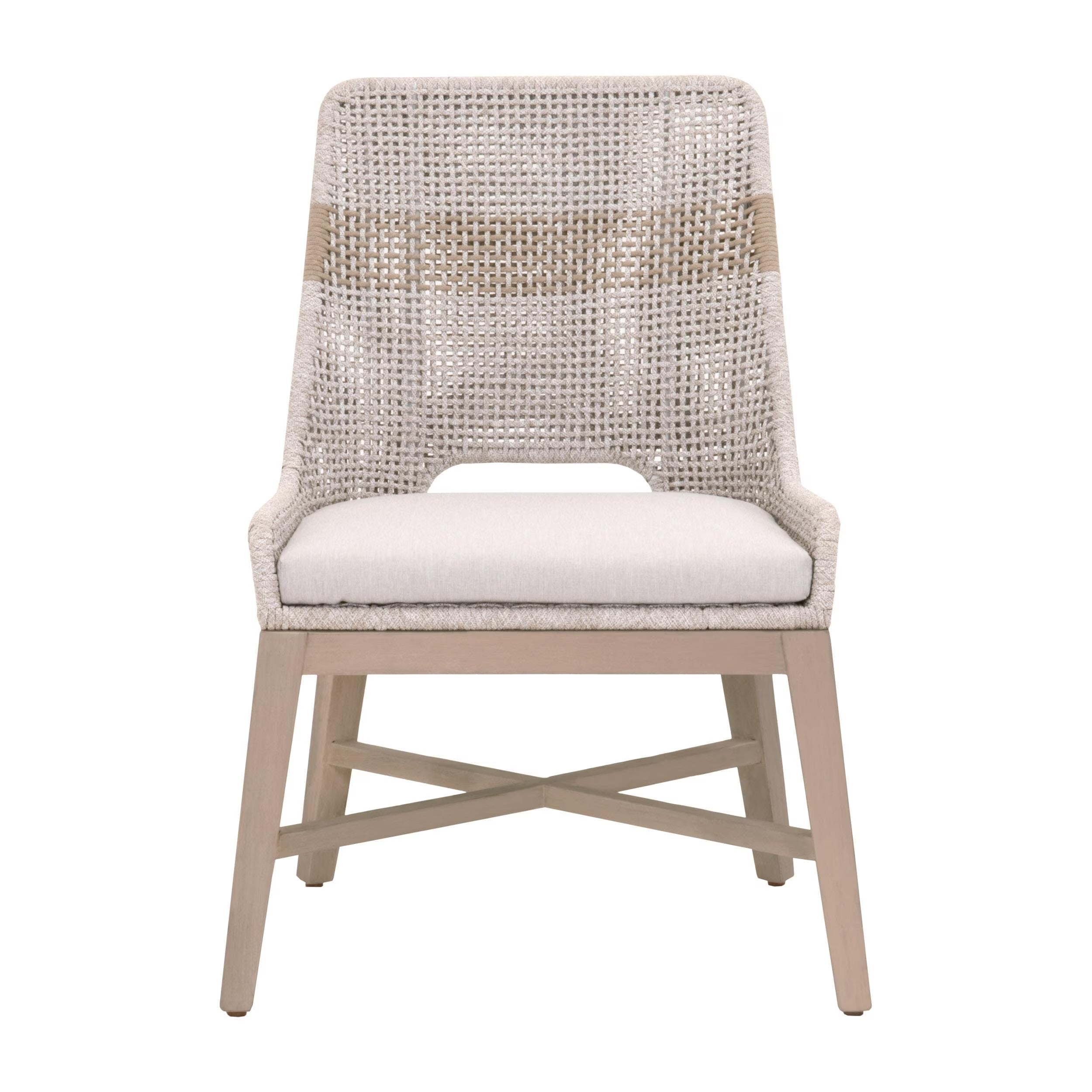 Essentials For Living Tapestry Outdoor Dining Chair ~ Taupe & White Flat Rope, Taupe Stripe, Performance Pumice, Washed Ever Teak (SET of 2) - Image 1