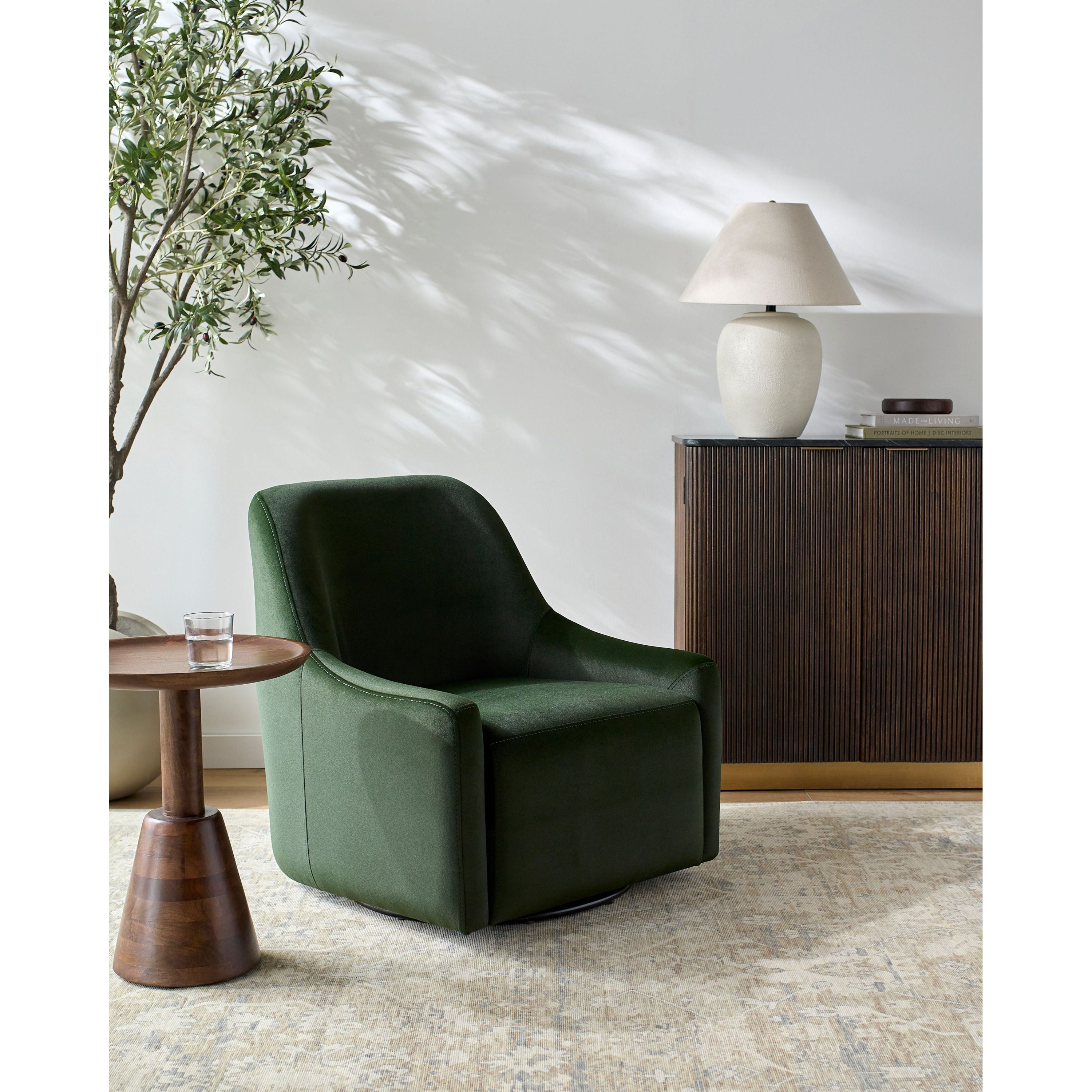 Surya Tasa Modern Faux Suede Dark Olive Green Swivel Chair - Image 1