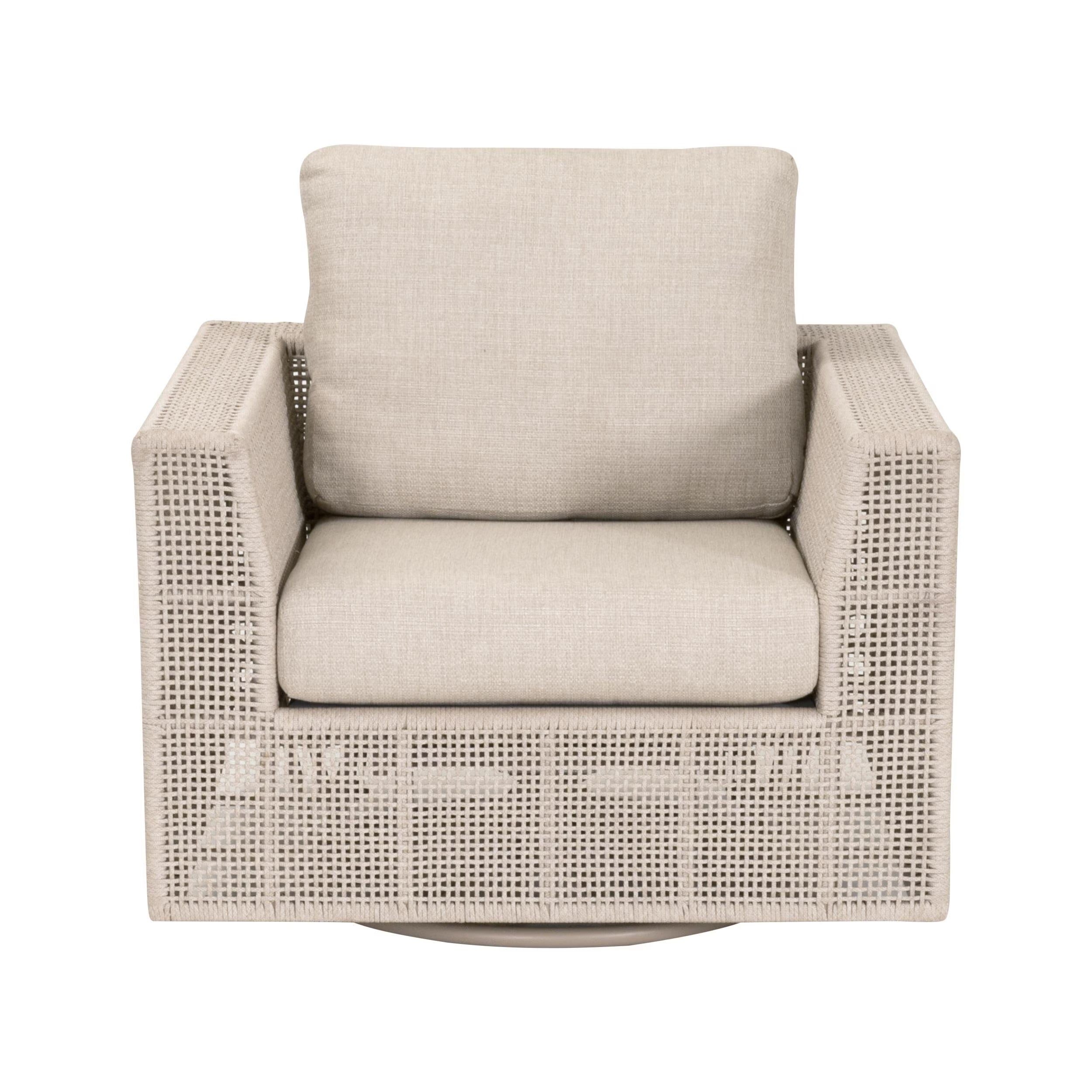 Essentials For Living Tropez Outdoor Swivel Rocker Sofa Chair ~ Oat Flat Rope, Performance Ecru Weave, Washed Ever Teak - Image 2