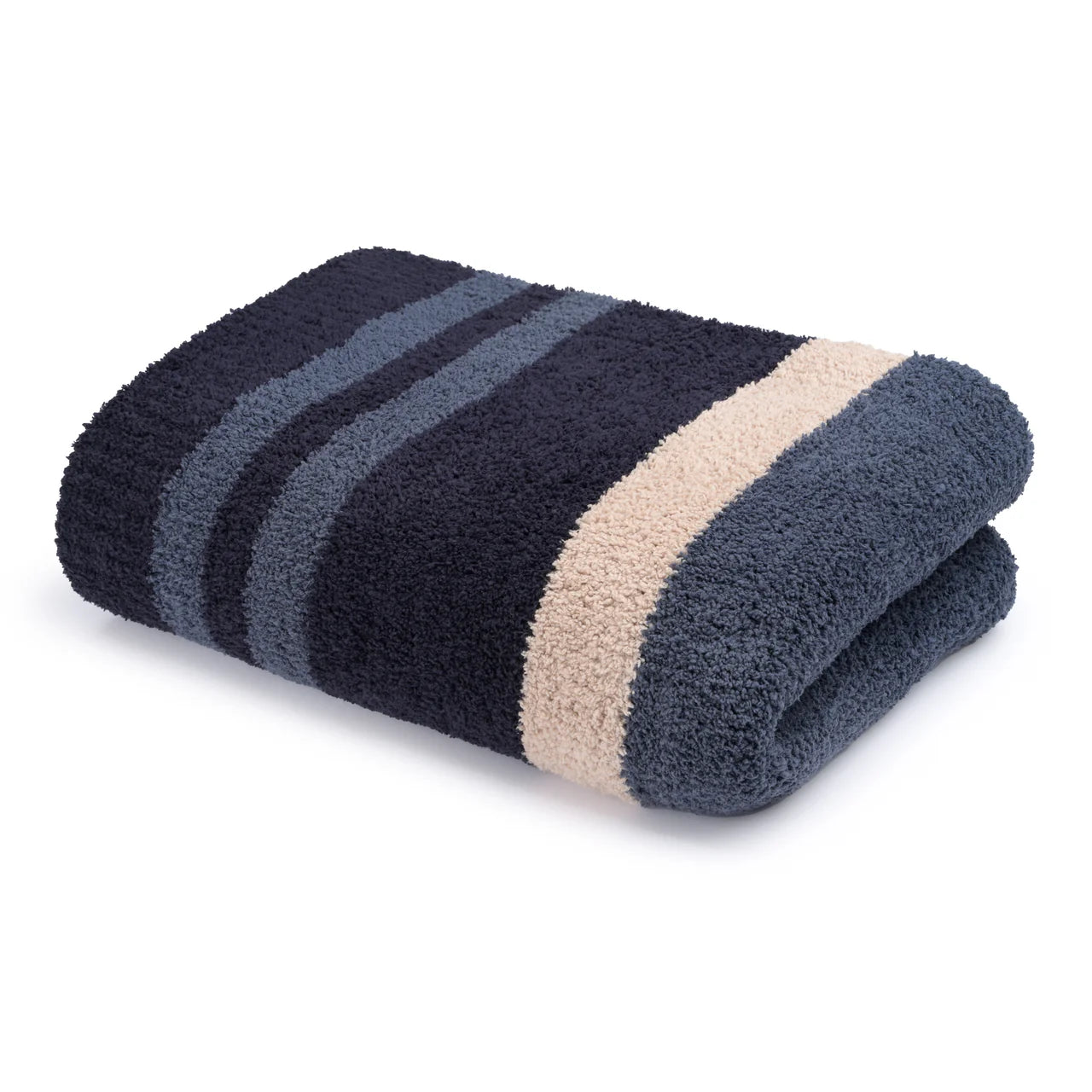 Kashwere Ultra Plush Dark Navy, Vintage Blue and Wheat Multi Striped Throw Blanket - Image 2