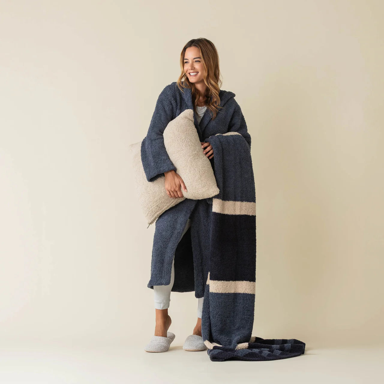 Kashwere Ultra Plush Dark Navy, Vintage Blue and Wheat Multi Striped Throw Blanket - Image 1