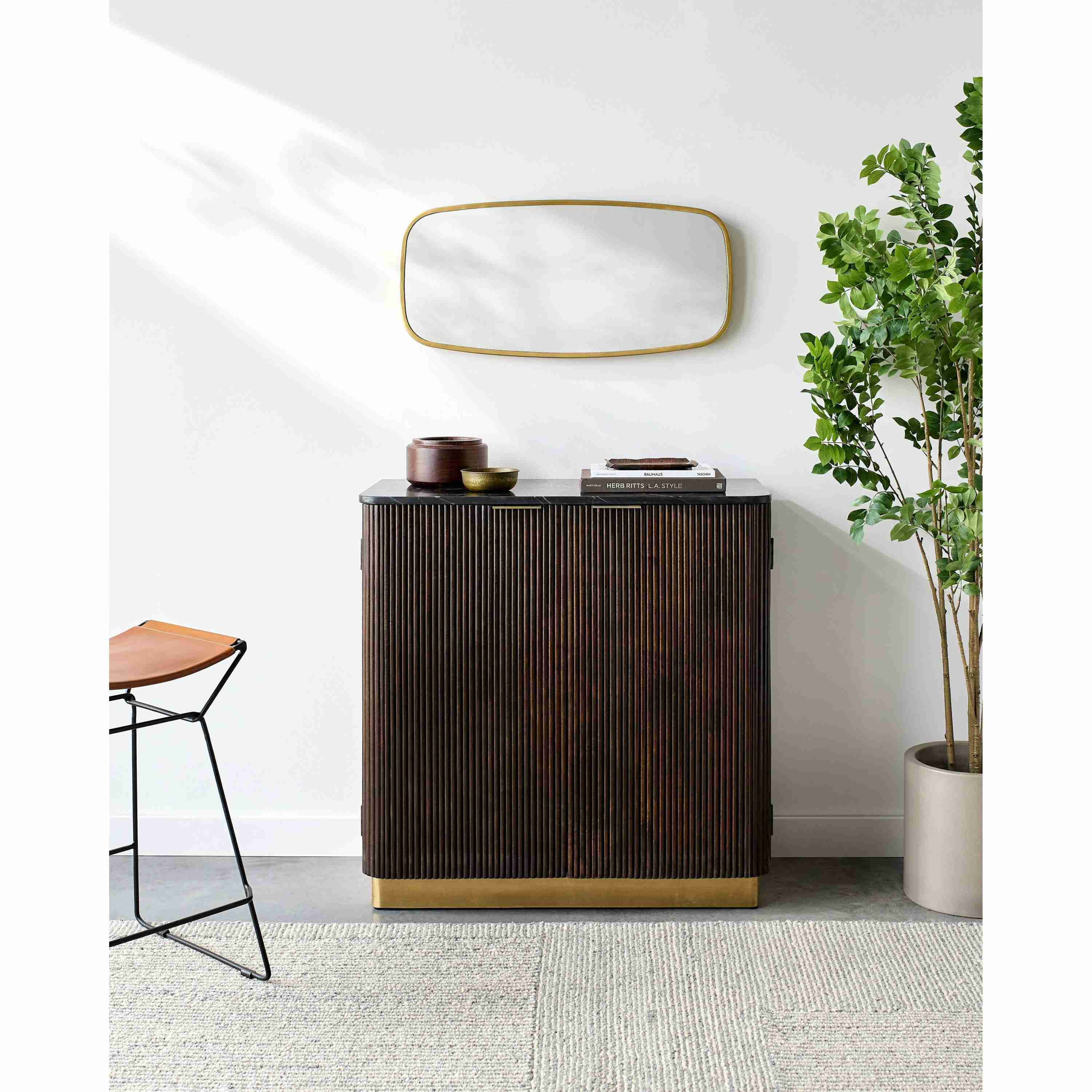Surya Nems Modern Black Marble Top and Dark Brown Mango Wood Cabinet - Image 2