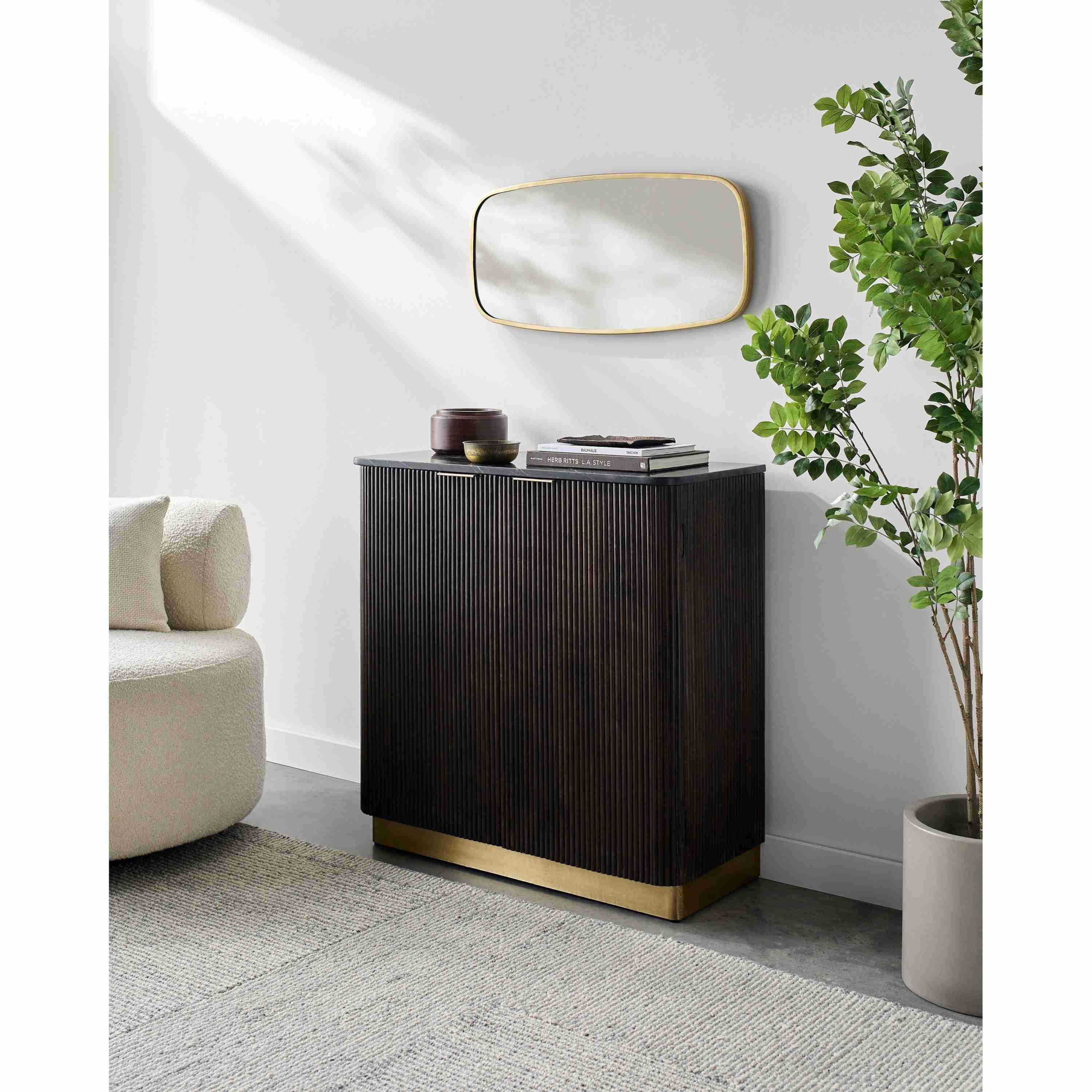 Surya Nems Modern Black Marble Top and Dark Brown Mango Wood Cabinet - Image 3