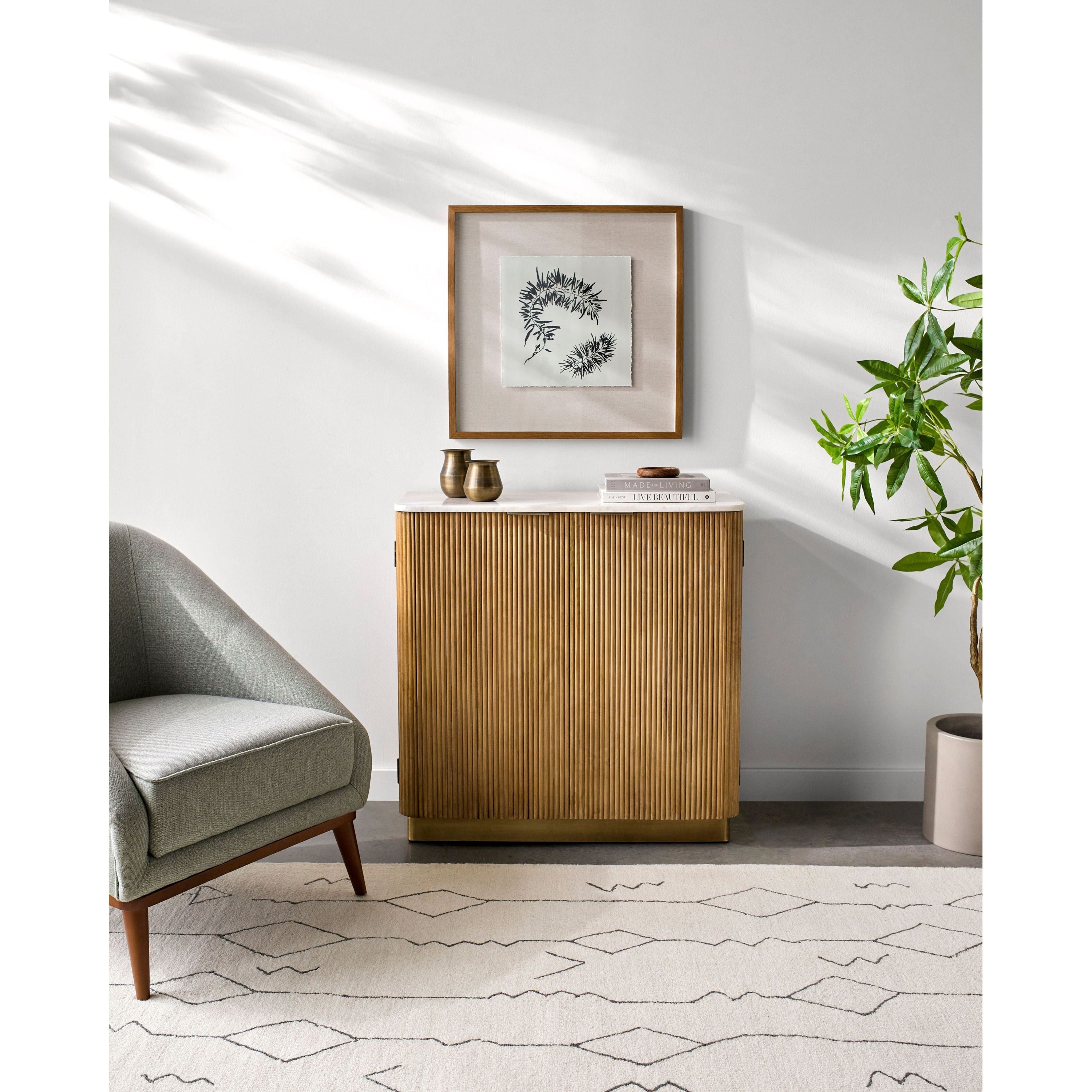 Surya Nems Modern White Marble Top and Natural Mango Wood Cabinet - Image 2