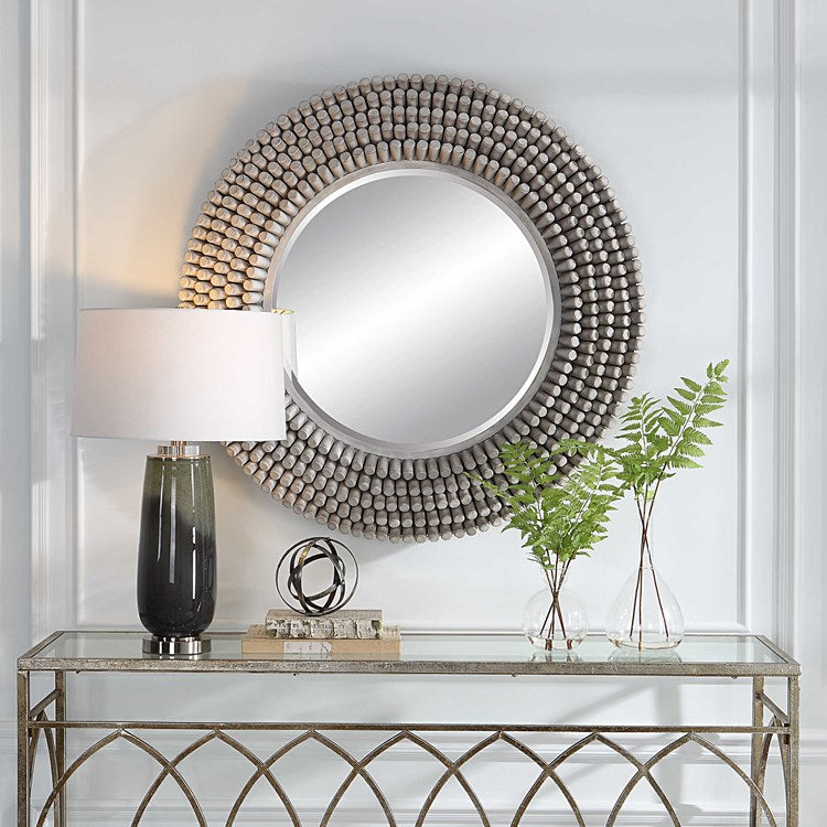 Uttermost Portside Fir Wood Gray Driftwood Finish Round Mirror - Image 1