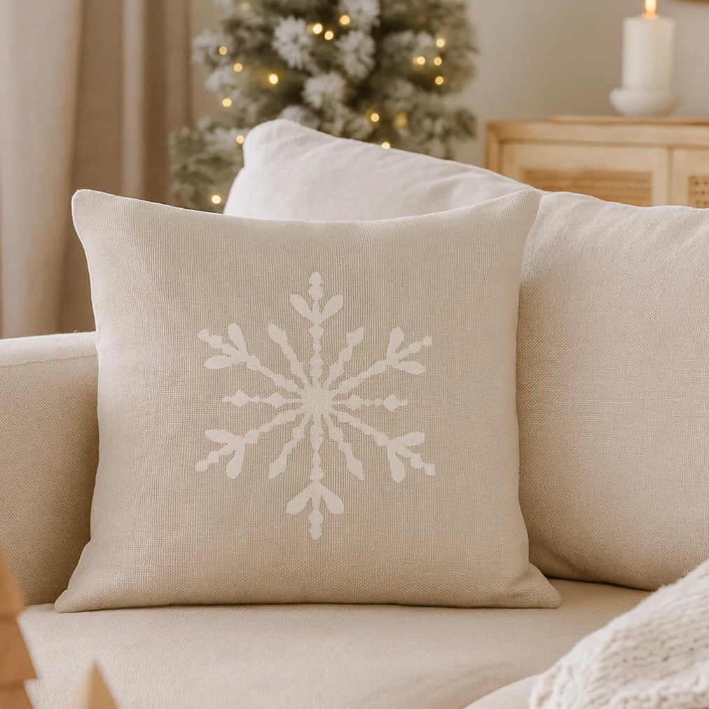 Anaya Home Winter Snowflake Embroidered Linen 20 x 20 Holiday Pillow ~ Warm Beige - Image 1