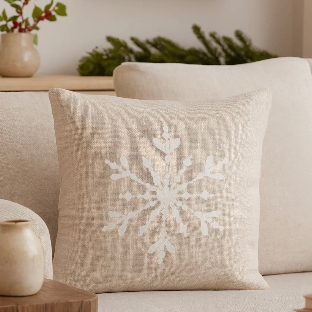Anaya Home Winter Snowflake Embroidered Linen 20 x 20 Holiday Pillow ~ Warm Beige - Image 2