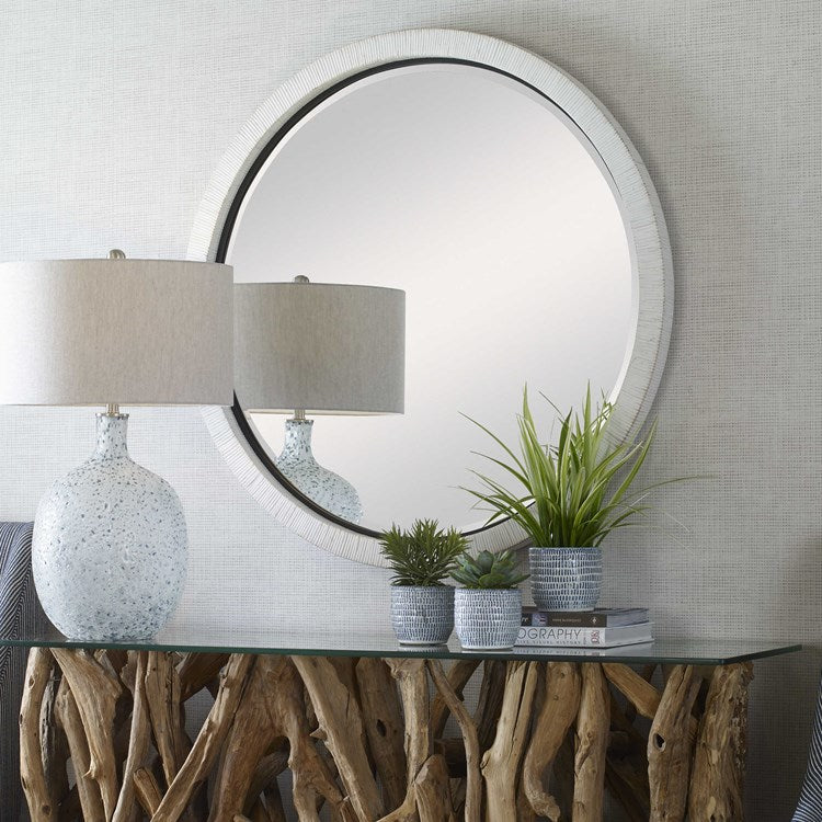 Uttermost Granada Whitewash Rattan Wrapped Round Mirror - Image 1