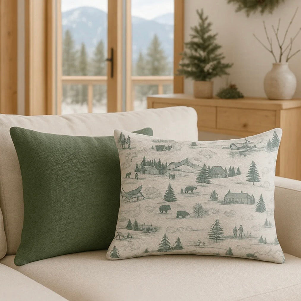 Anaya Home Christmas Toile Linen 20 x 20 Holiday Pillow ~ Spruce Green