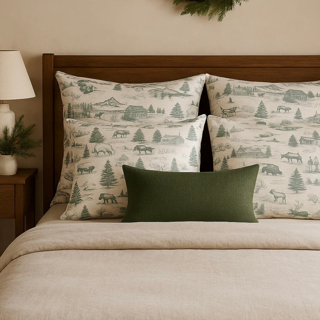 Anaya Home Christmas Toile Linen 28 x 26 Holiday Pillow ~ Spruce Green