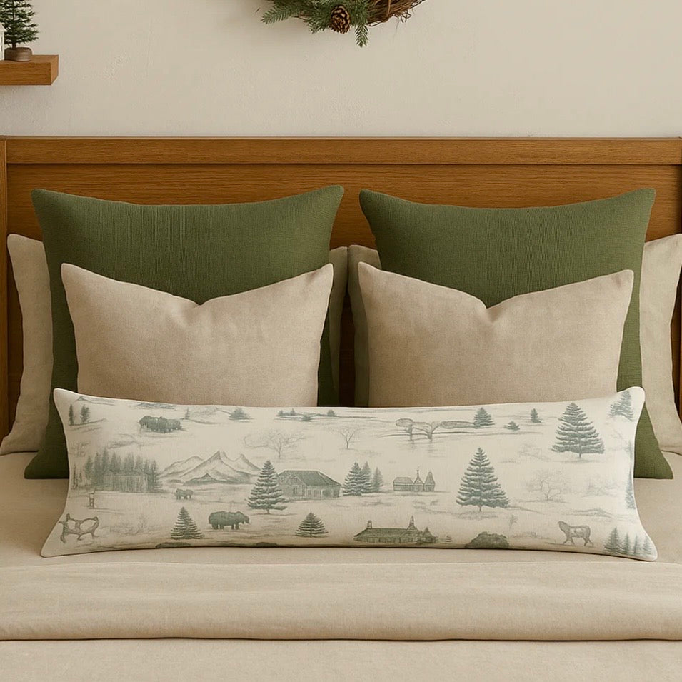 Anaya Home Christmas Toile Linen 14 x 40 Holiday Pillow ~ Spruce Green