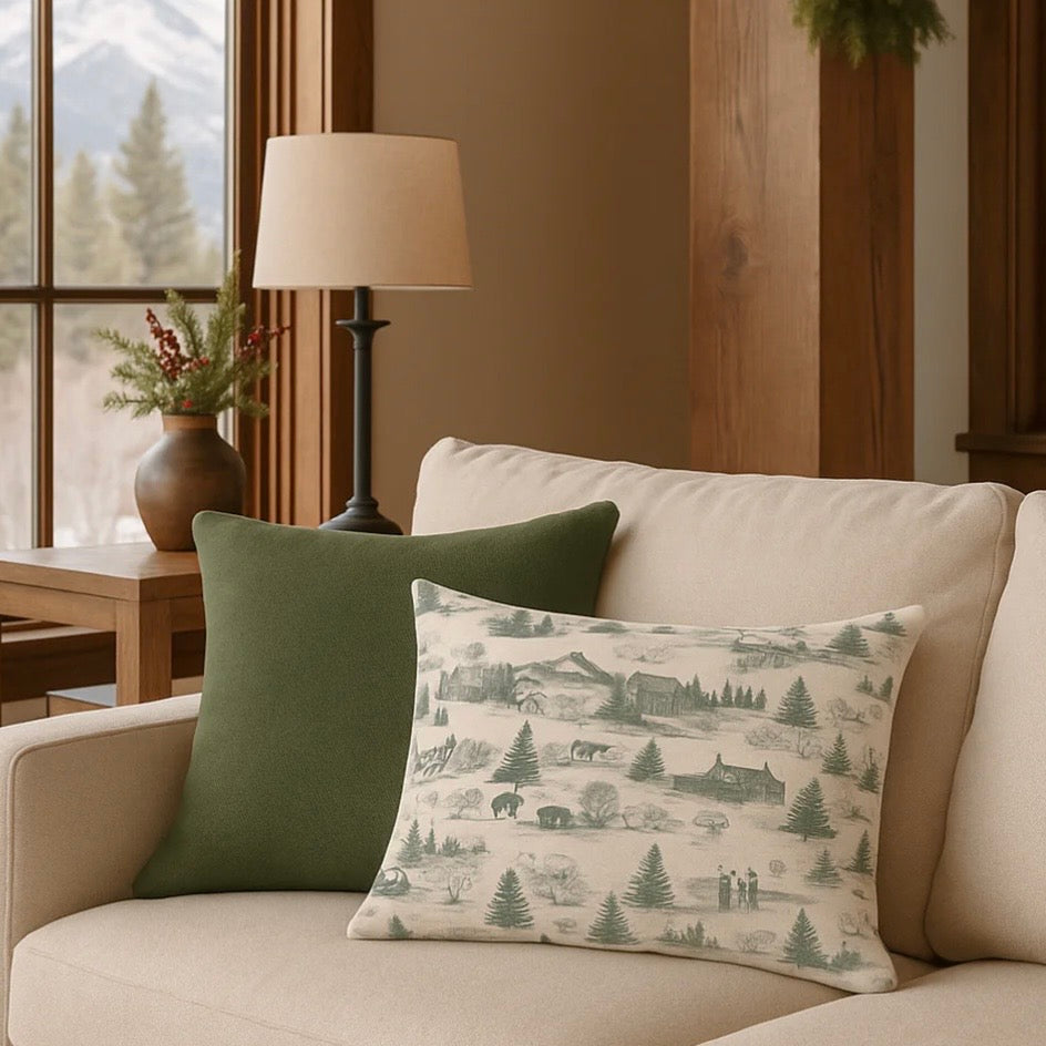 Anaya Home Christmas Toile Linen 14 x 20 Holiday Pillow ~ Spruce Green