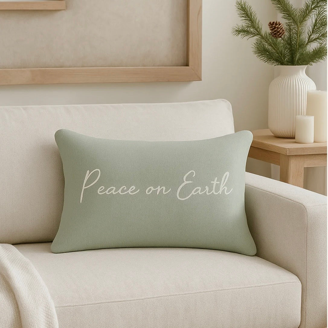 Anaya Home Peace On Earth Linen 14 x 20 Holiday Pillow ~ Sage Green - Image 1