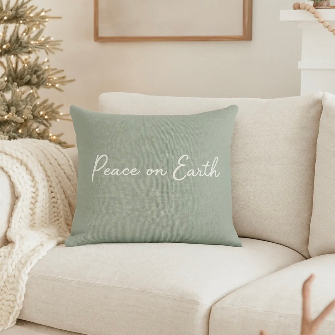 Anaya Home Peace On Earth Linen 20 x 20 Holiday Pillow ~ Sage Green - Image 1
