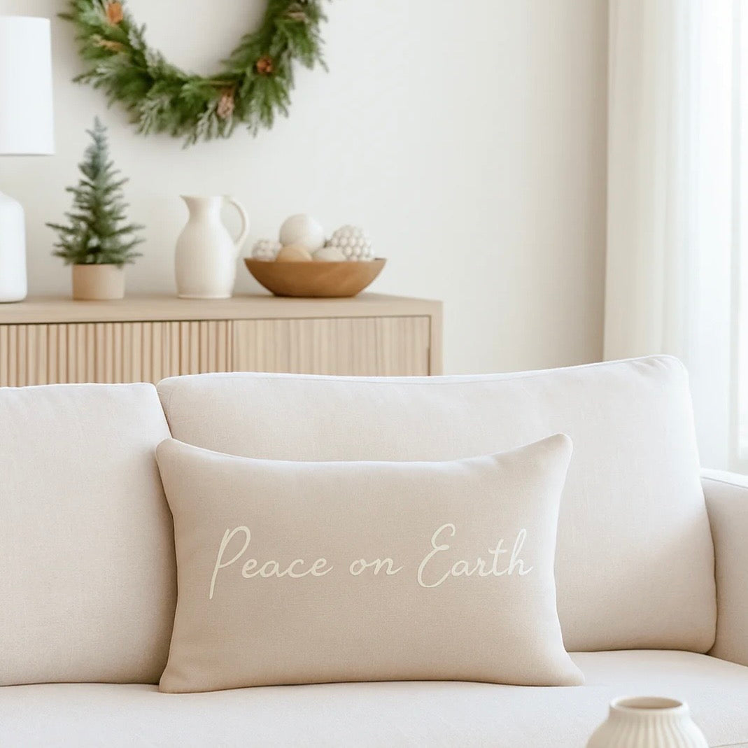 Anaya Home Peace On Earth Linen 14 x 20 Holiday Pillow ~ Natural Beige - Image 1