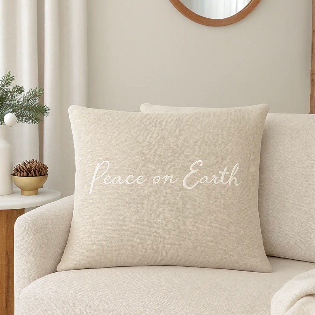 Anaya Home Peace On Earth Linen 20 x 20 Holiday Pillow ~ Natural Beige - Image 1