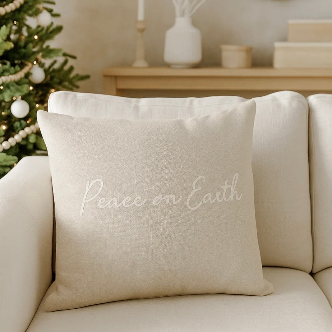 Anaya Home Peace On Earth Linen 20 x 20 Holiday Pillow ~ Natural Beige - Image 2