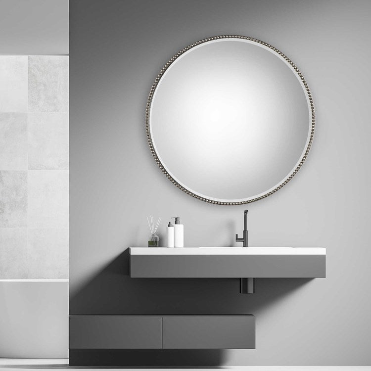 Uttermost Stefania Antiqued Silver Leaf Round Mirror - Image 1