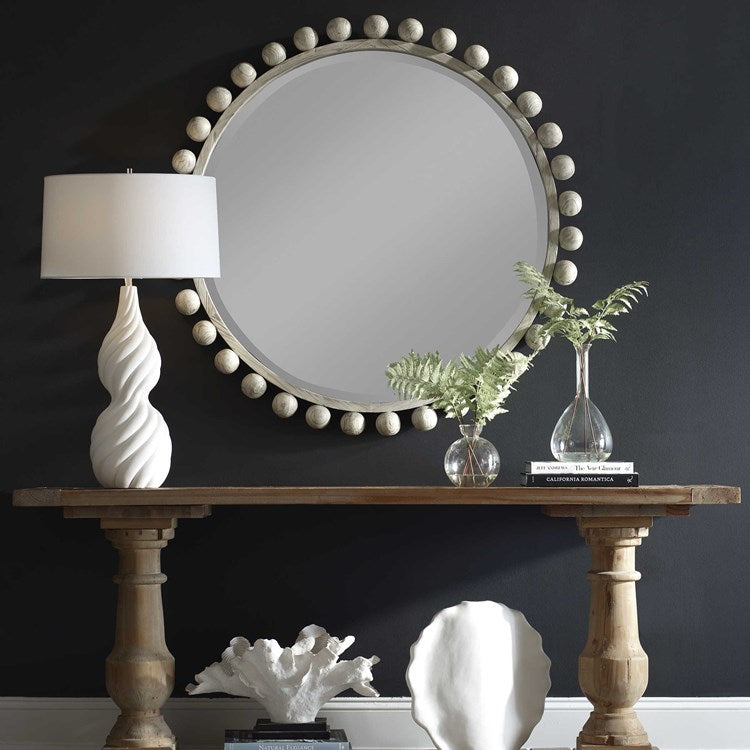 Uttermost Cyra Aged Ivory Wood Beaded Round Mirror - Image 1
