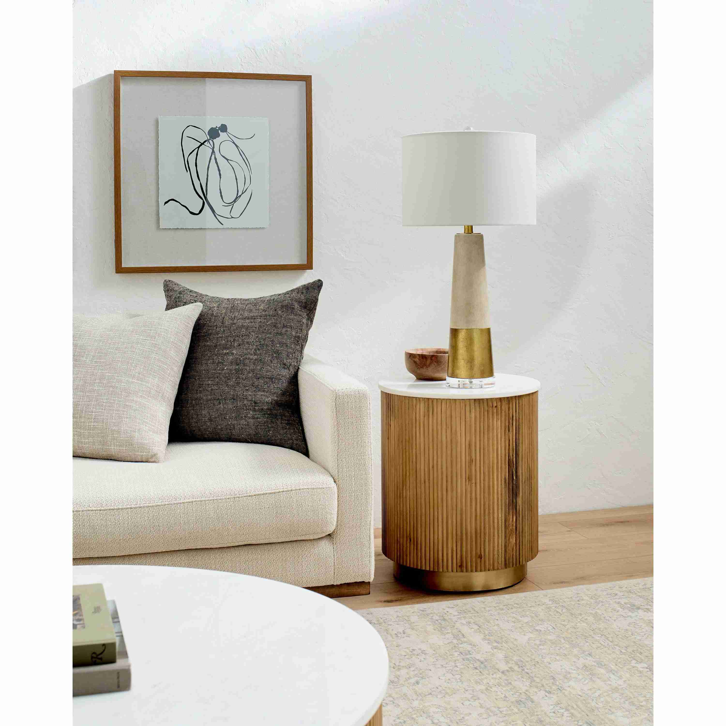 Surya Nems Modern White Marble Top with  Natural Mango Wood Round Side Table - Image 1