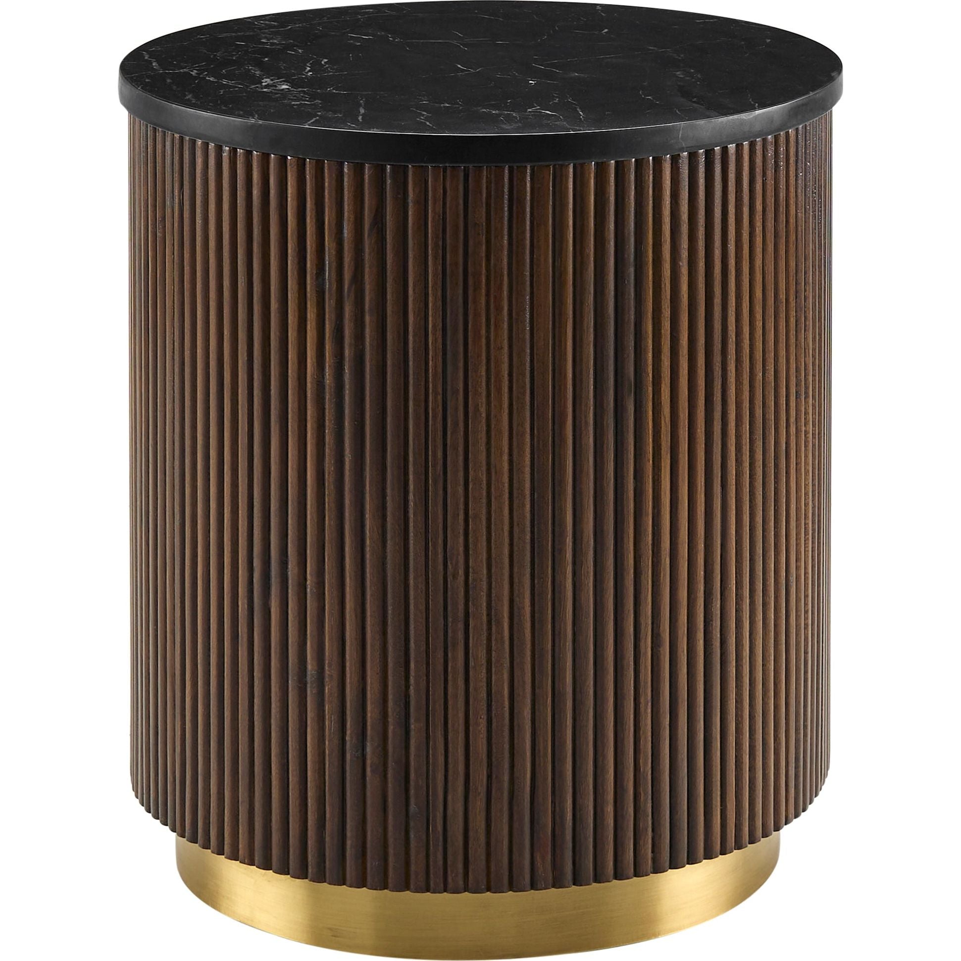 Surya Nems Modern Black Marble Top with Dark Brown Mango Wood Round Side Table - Image 1