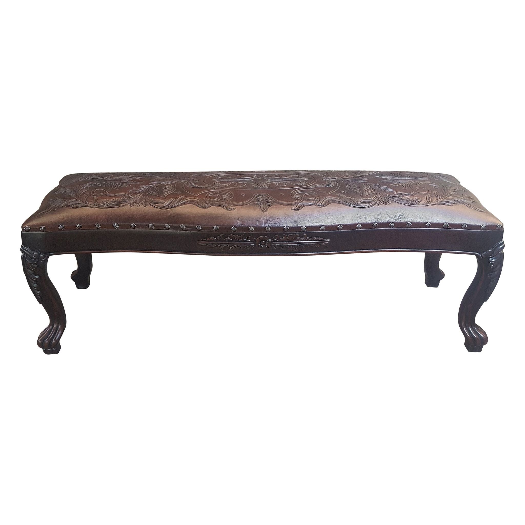 Casa Bonita Peruvian Hand-Painted Carved Wood and Leather Leon Bench - Image 1